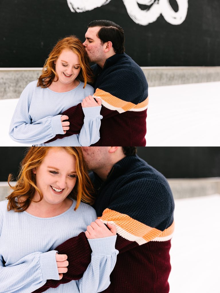 Two image collage of a redhead woman and man in knit sweater in an embrace. 