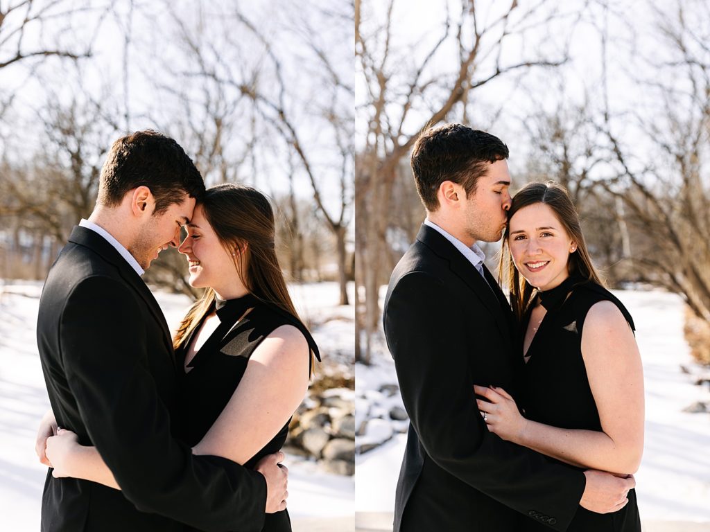 Two image collage of engaged couple in all black embracing in the snow. 
