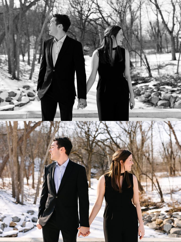 Two image collage of a man and woman holding hands but looking the opposite direction. 