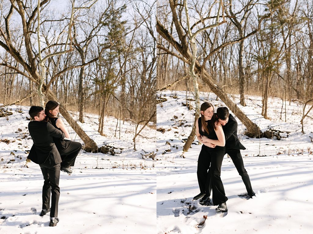 Two image collage of a man and woman in all black spinning in the snow for their engagement session in Shawnee Mission Park. 