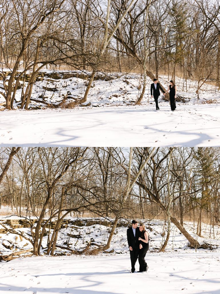 Two image collage of couple in all black walking through the snow in Shawnee Mission Park. 