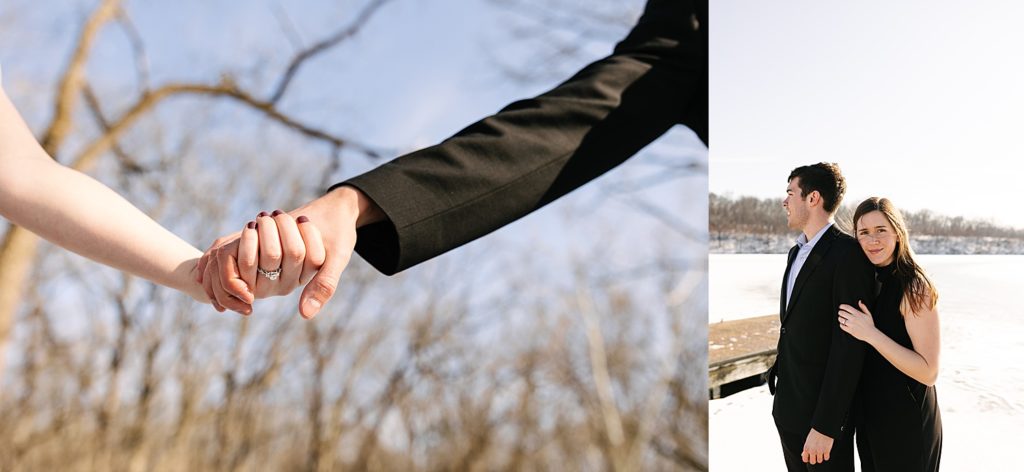 Two image collage of woman and man holding hands, and second photo is them embracing in the snow. 