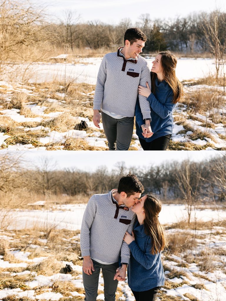 Two image collage of a man and woman at their snowy engagement session. 