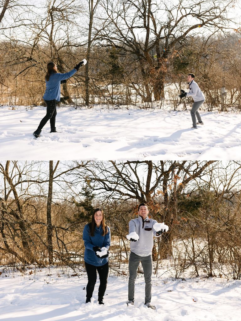 Man and woman having a snowball fight in Shawnee Mission Park.