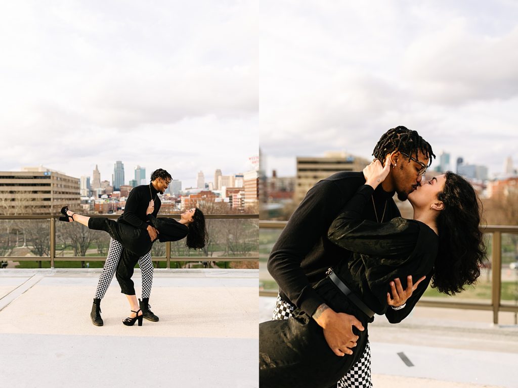 Two image collage of a man dipping a woman & then kissing her for their rooftop engagement session. 