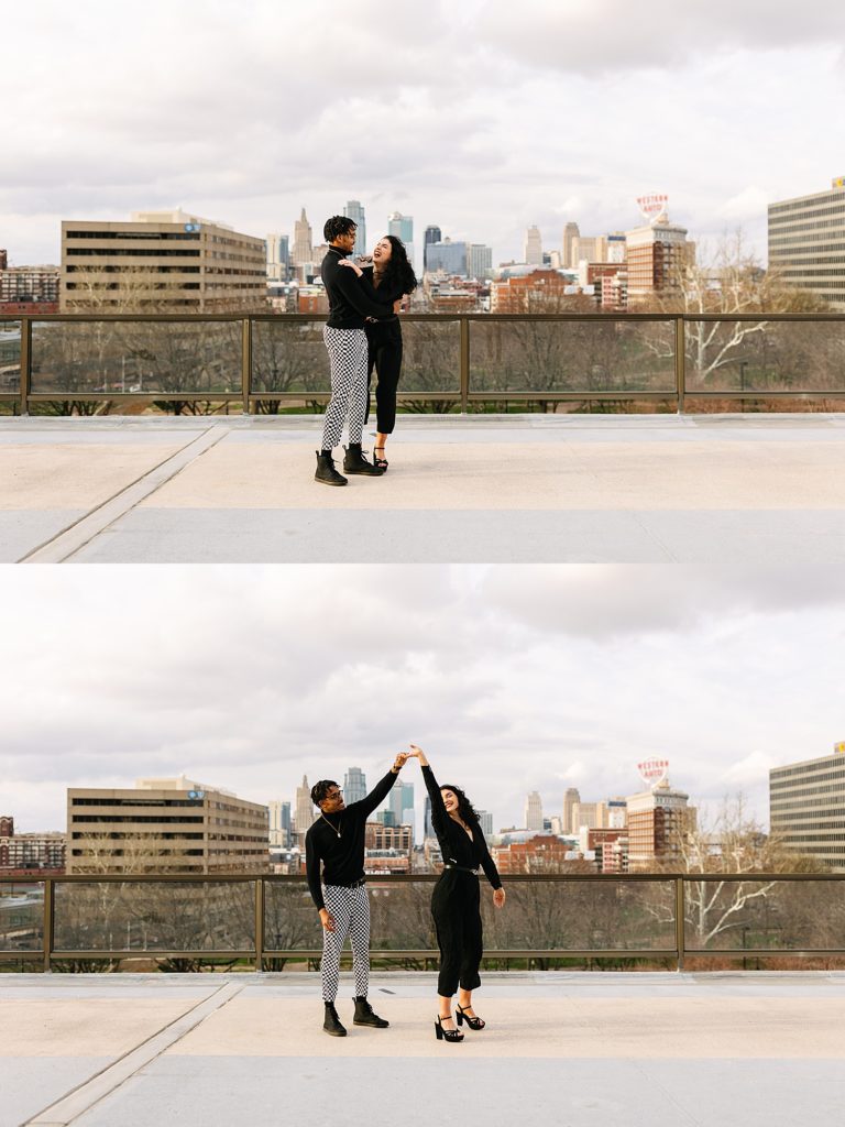 Two image collage of a couple dancing on a rooftop with the Kansas City skyline behind them for their couples rooftop session.