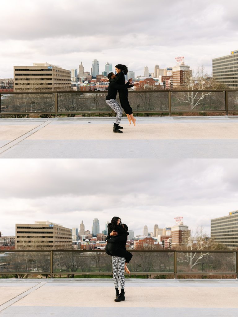 Two image collage of a woman in black jumpsuit leaping into her fiancé's arms at their engagement session with the city skyline behind them. 
