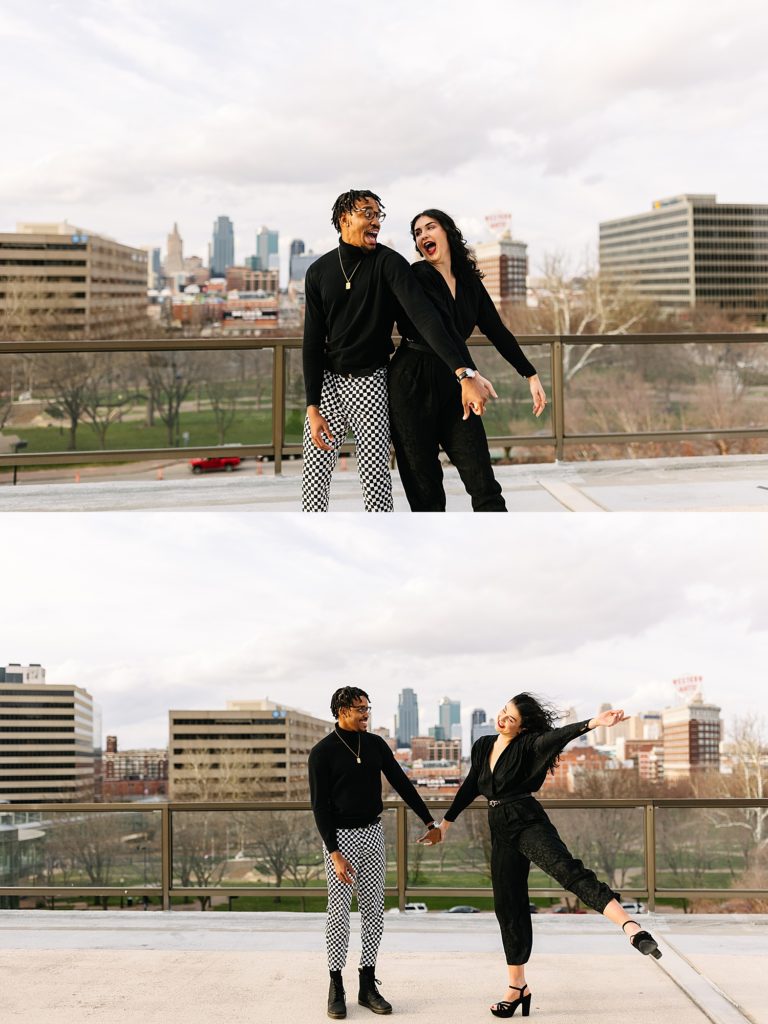 Man and woman on a rooftop for their couples session laughing and butt bumping and being goofy. 