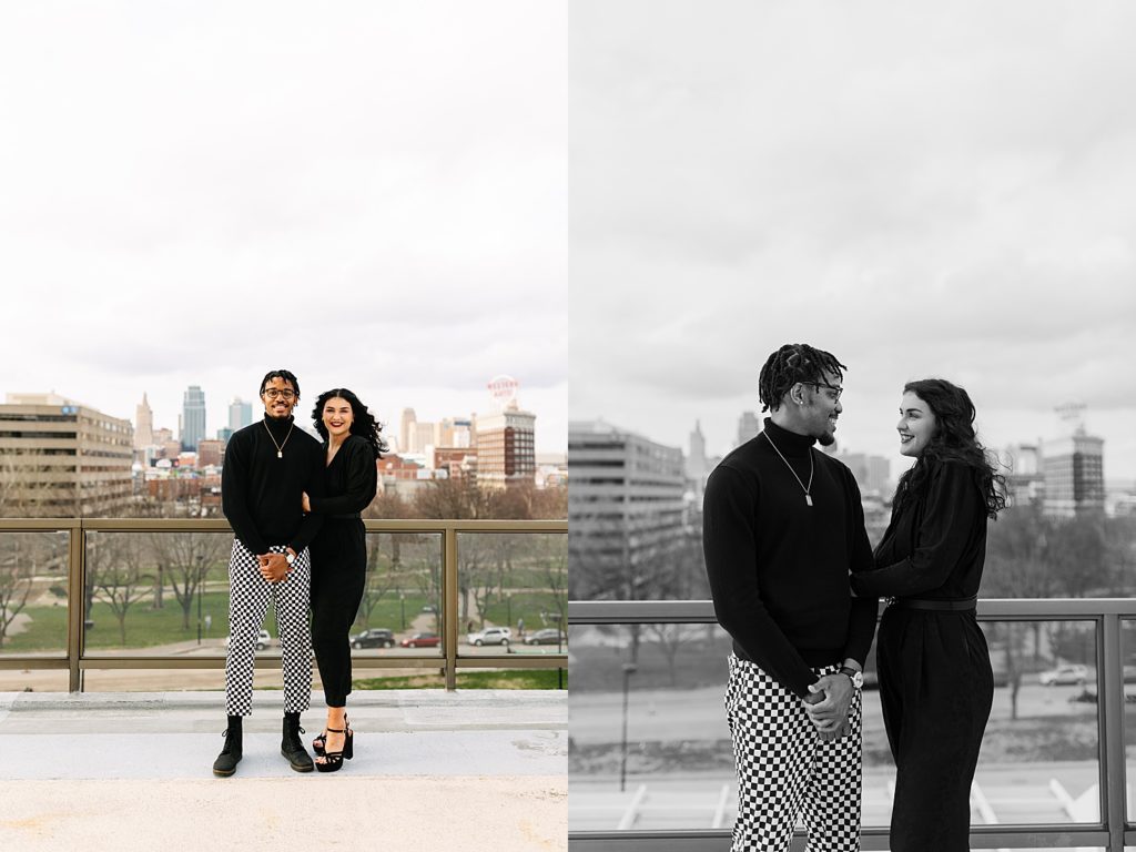 Two image collage of a couple on a rooftop posing for their engagement session.