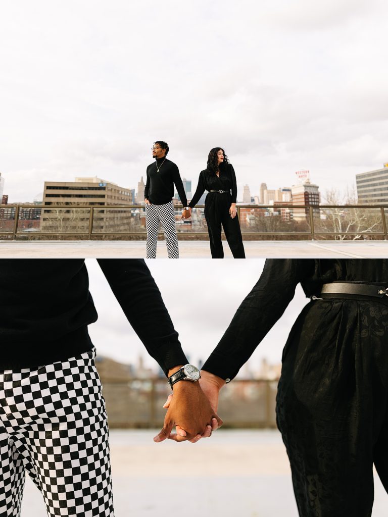 Two image collage of man and woman holding hands on a rooftop and looking opposite directions for their couples rooftop session.