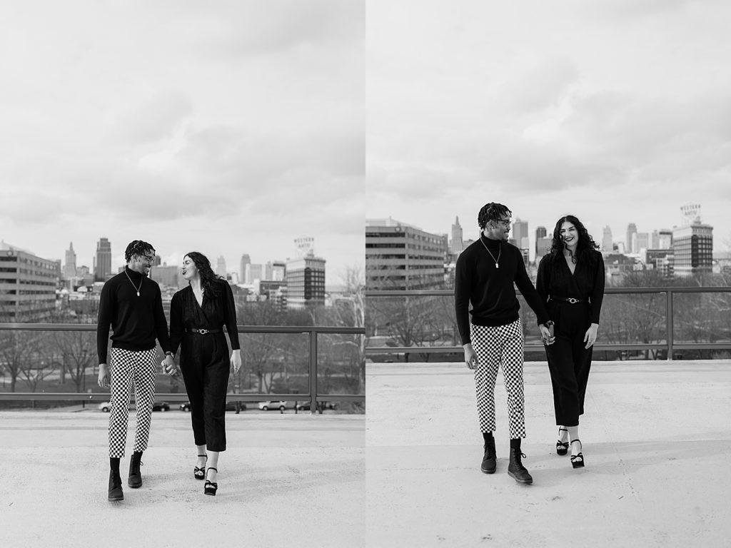 Two image collage of black and white photos of a couple walking on a rooftop together for their couples rooftop session.
