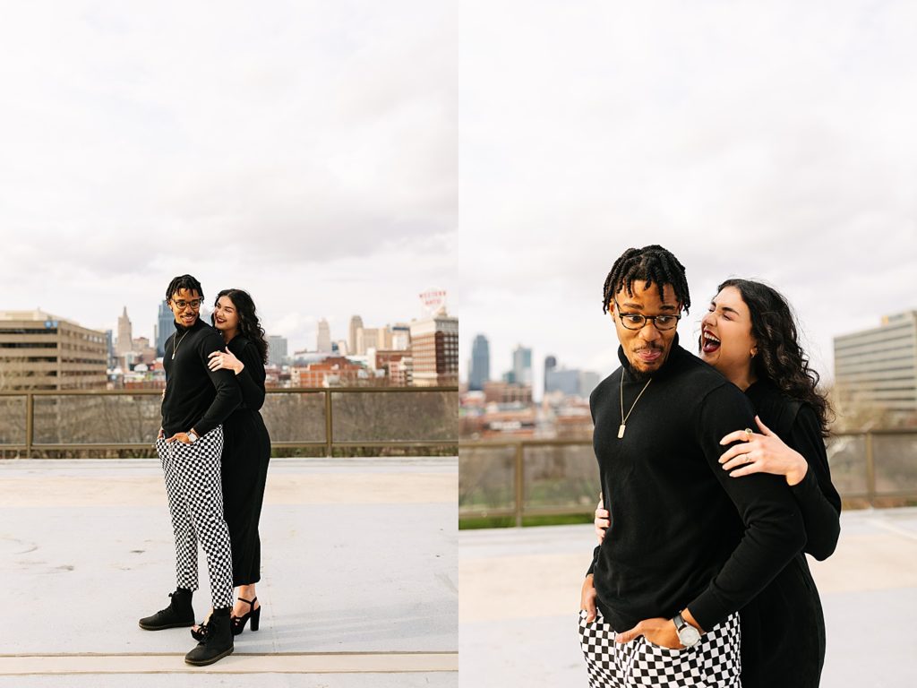 Woman hugging man from behind and laughing as he makes goofy faces in this two image collage.