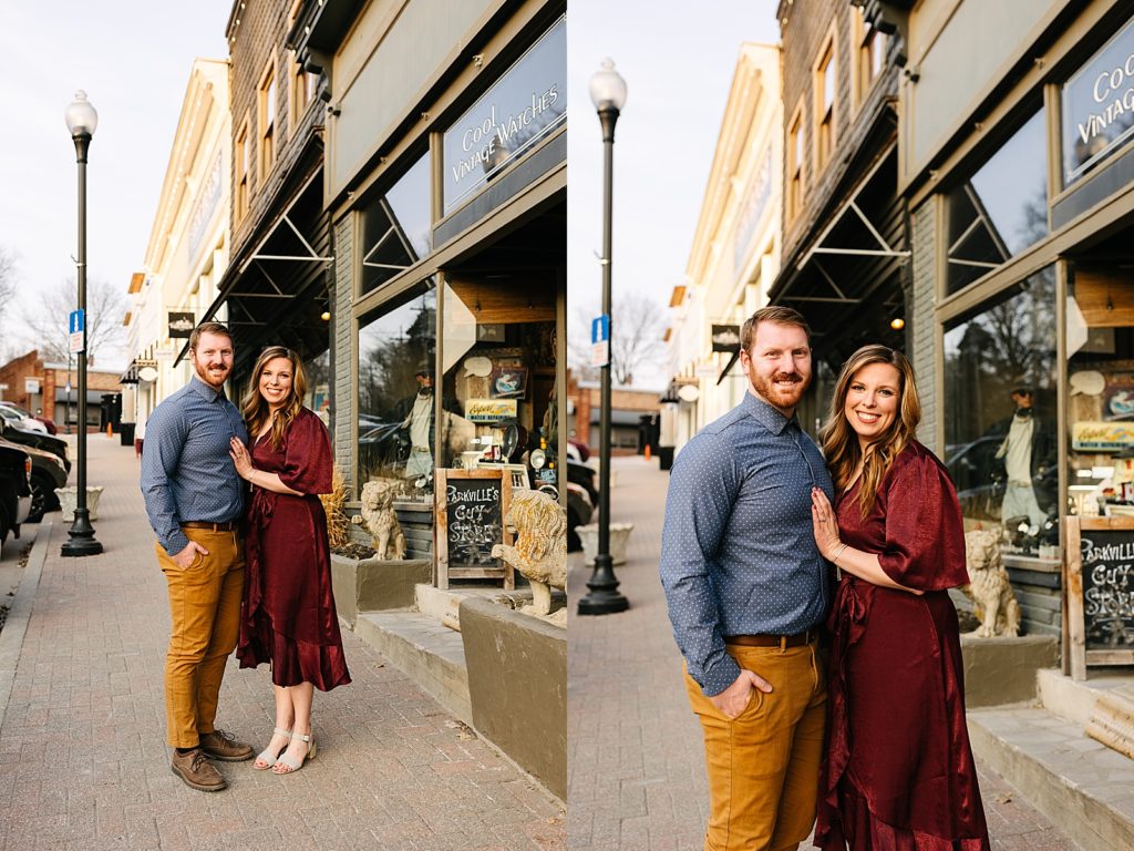 Two image collage of a couple in earth tone clothes standing on a street in Parkville for their engagement session.