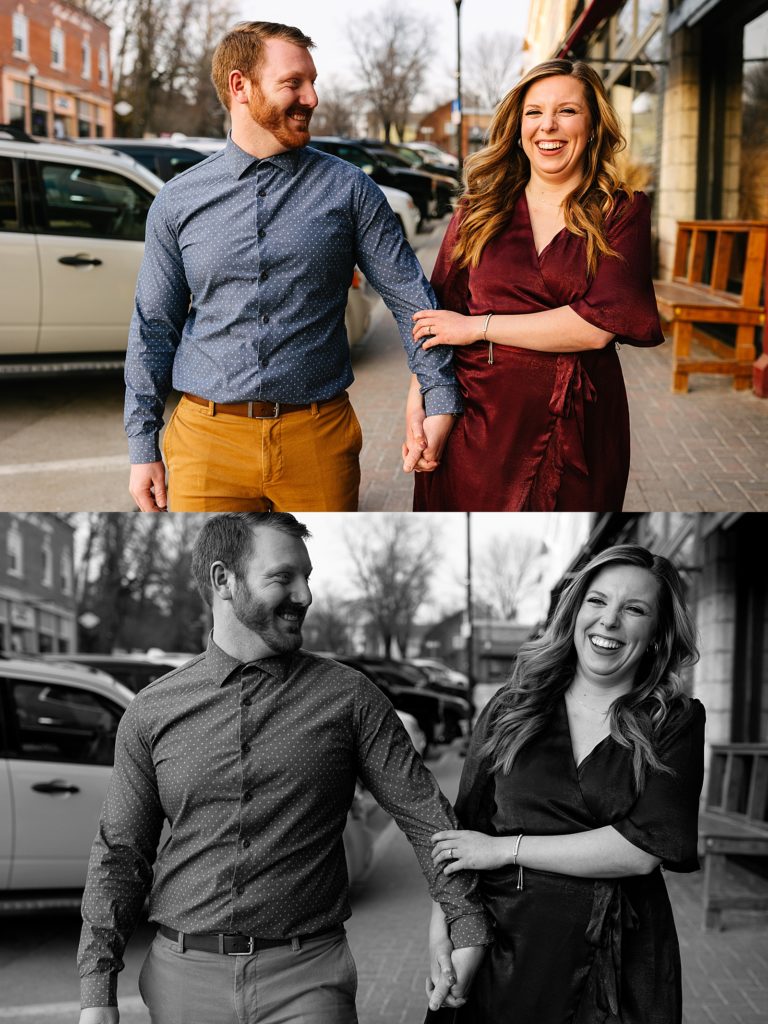 Two image collage of an engaged couple walking down the streets of Parkville, Missouri smiling at each other.