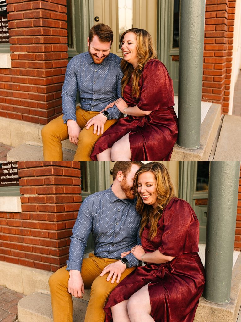 Two image collage of an engaged couple in Fall colored clothes sitting on a doorstep together, smiling and embracing. 