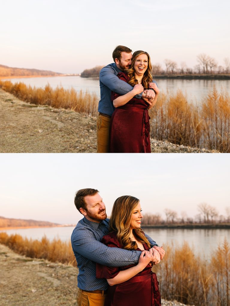 Two image collage of a Man wrapping up his fiancé in a hug next to a river in Parkville, Missouri.