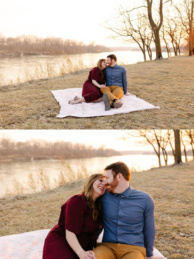 Two image collage of an engaged couple sharing a picnic blanket next to a river. 