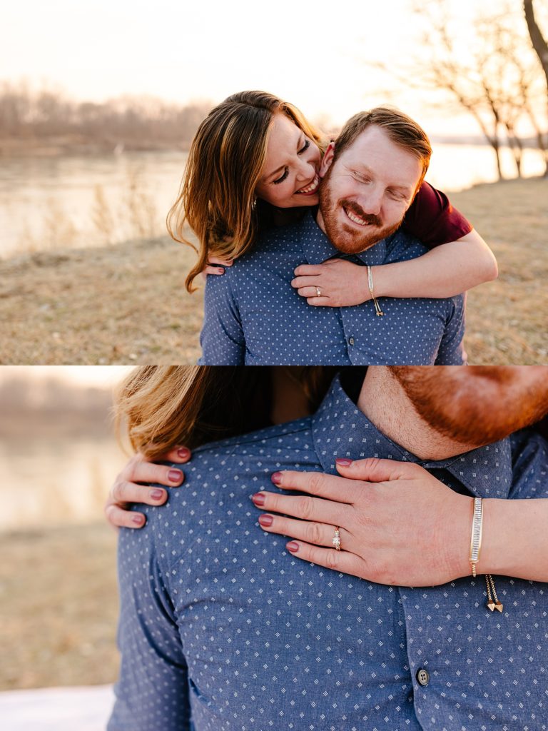 Two image collage of a woman wrapping up her man in an embrace, with the second image being a close up of her ring on his chest. 