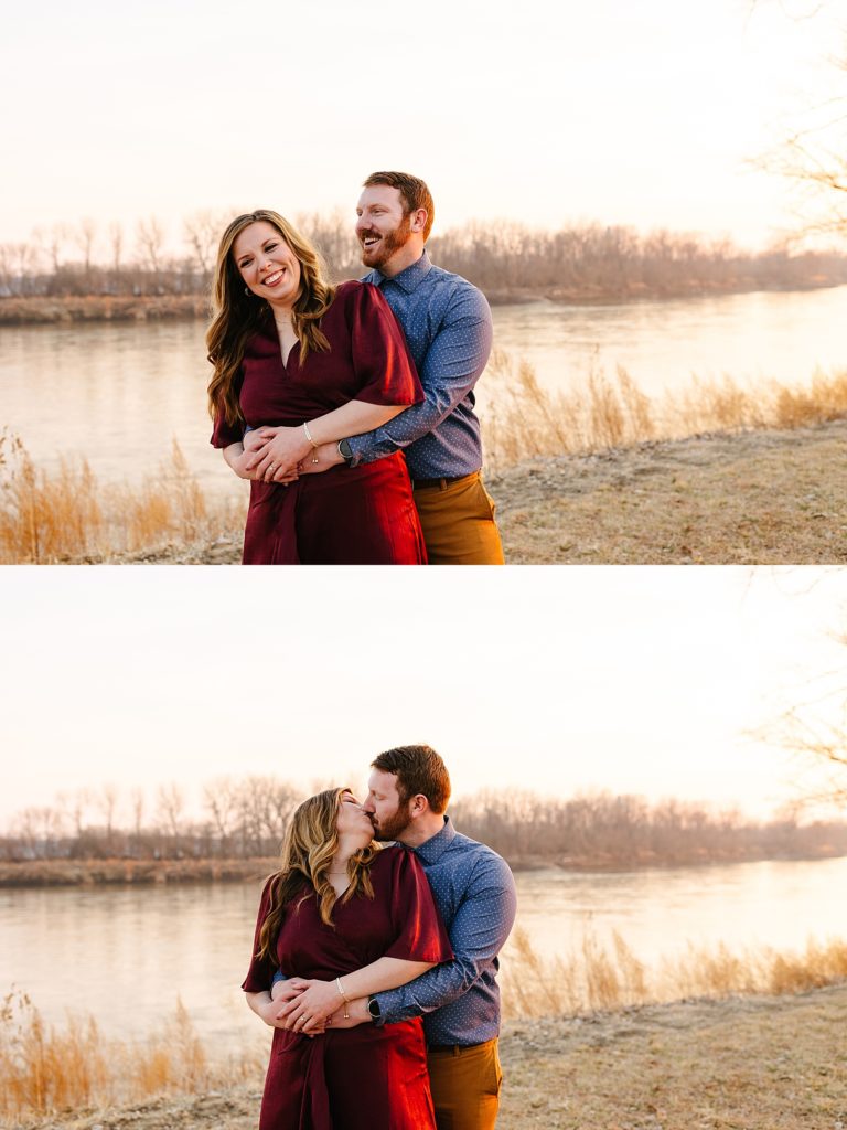 Two image collage of a man and woman hugging and kissing next to a river for their engagement session. 