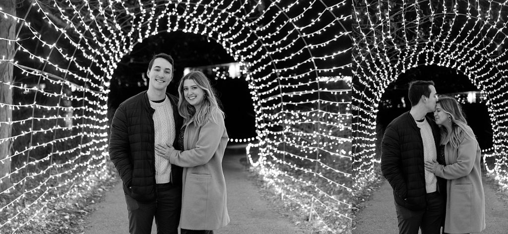 Two black and white photos of a man and woman embracing in a tunnel of Christmas lights. 