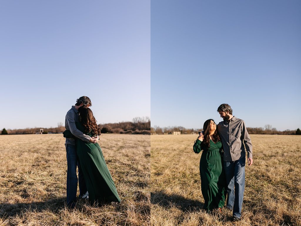 Engaged couple on their own farm land for their Kansas City Engagement session walking across a field together. 