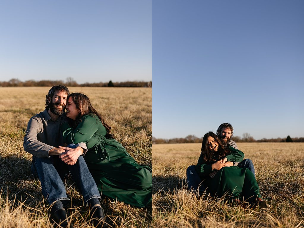 Image collage of engaged couple snuggling in the middle of a field together. 