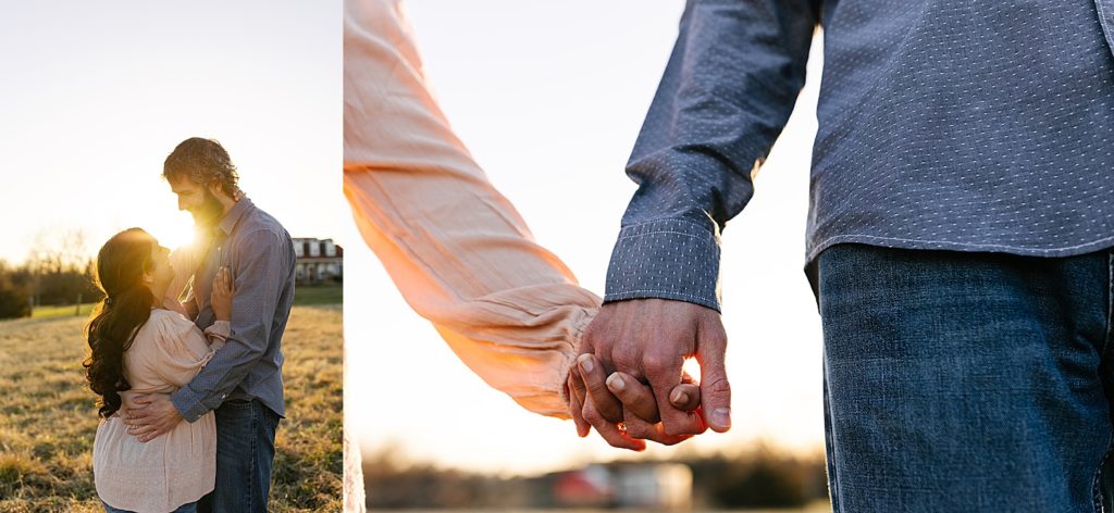 Engaged couple in the sunset holding hands in this image collage. 