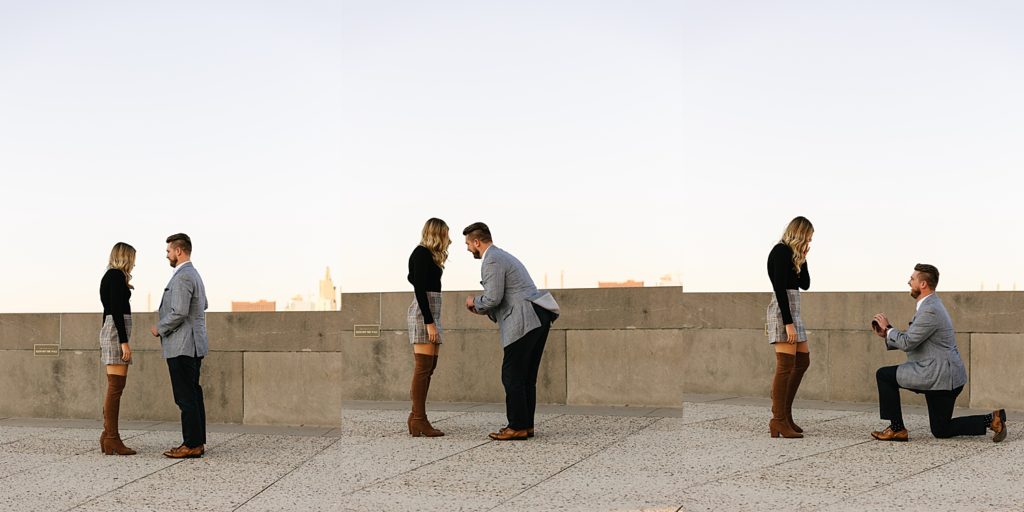 Man proposing to woman on a rooftop in Kansas City.