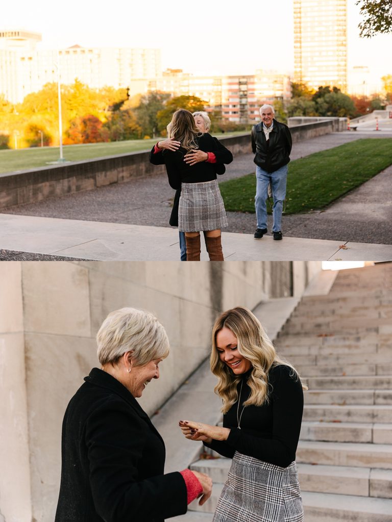 Woman embracing her mom & showing off her new engagement ring as captured by Kansas City Photographer, Natalie Nichole.
