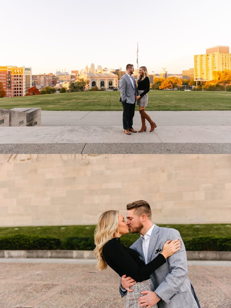 Newly engaged couple after their proposal at WWI memorial in Kansas City. 