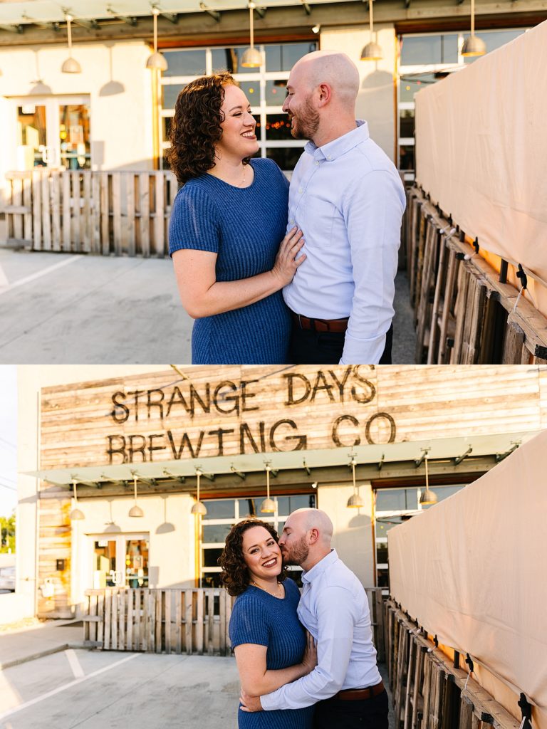 Two image collage of an engaged couple at a local brewery.