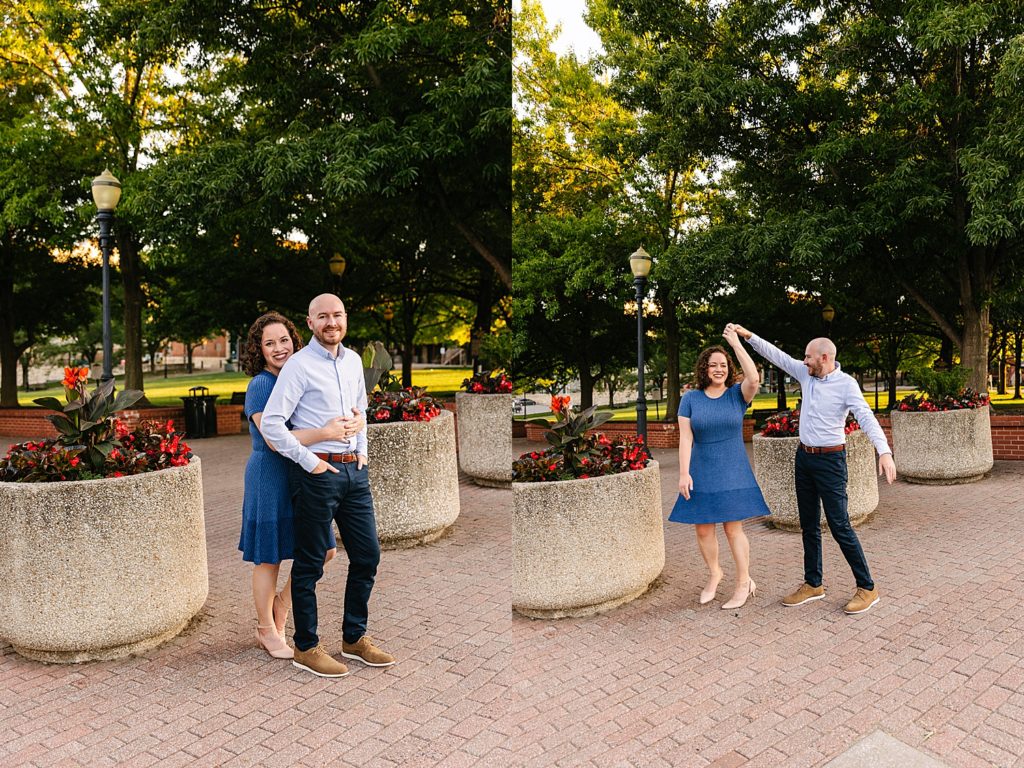 Engaged couple at their Summer engagement session at The Kansas City Rivermarket.