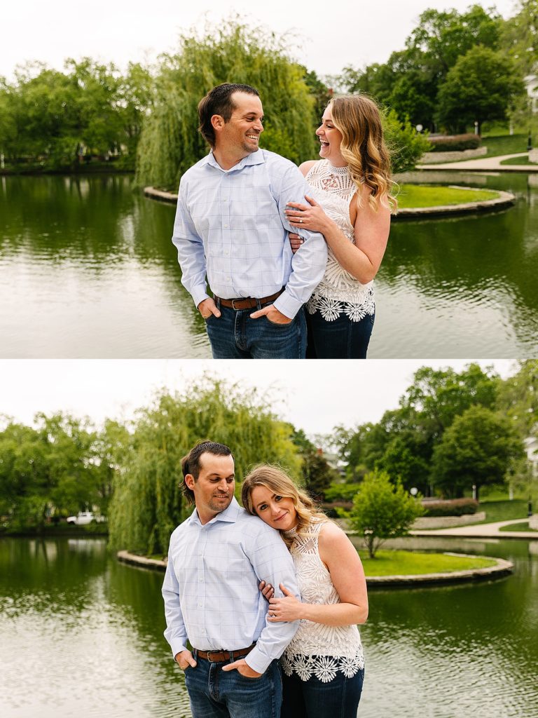 Couple embracing in front of a pond for their engagement session with Kansas City Photographer.