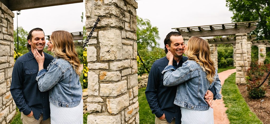 Woman kissing man's cheek for their couples photo session with Kansas City Wedding Photographer.