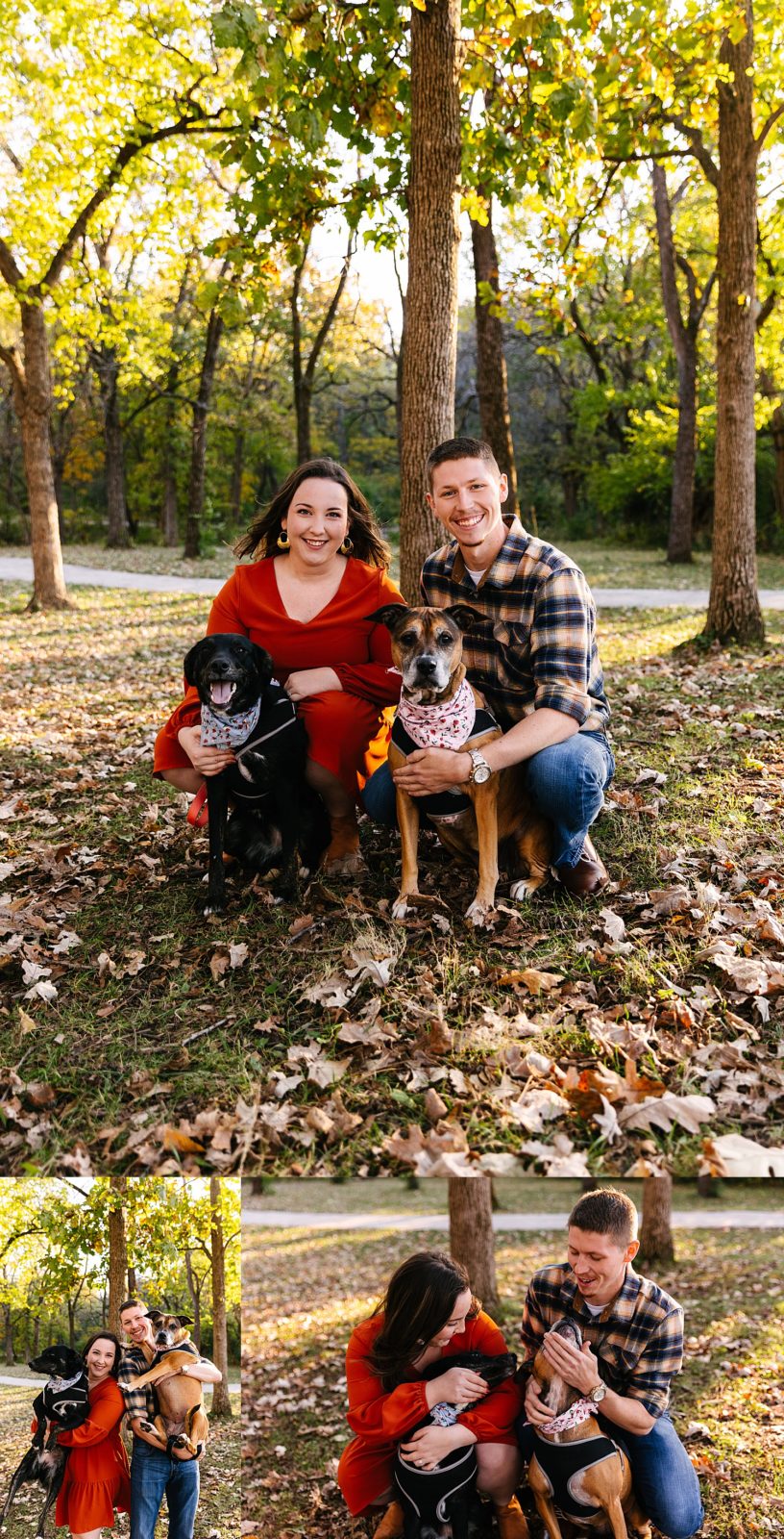 Man and woman kneeling with their dogs in Shawnee Mission Park for their engagement photos. 