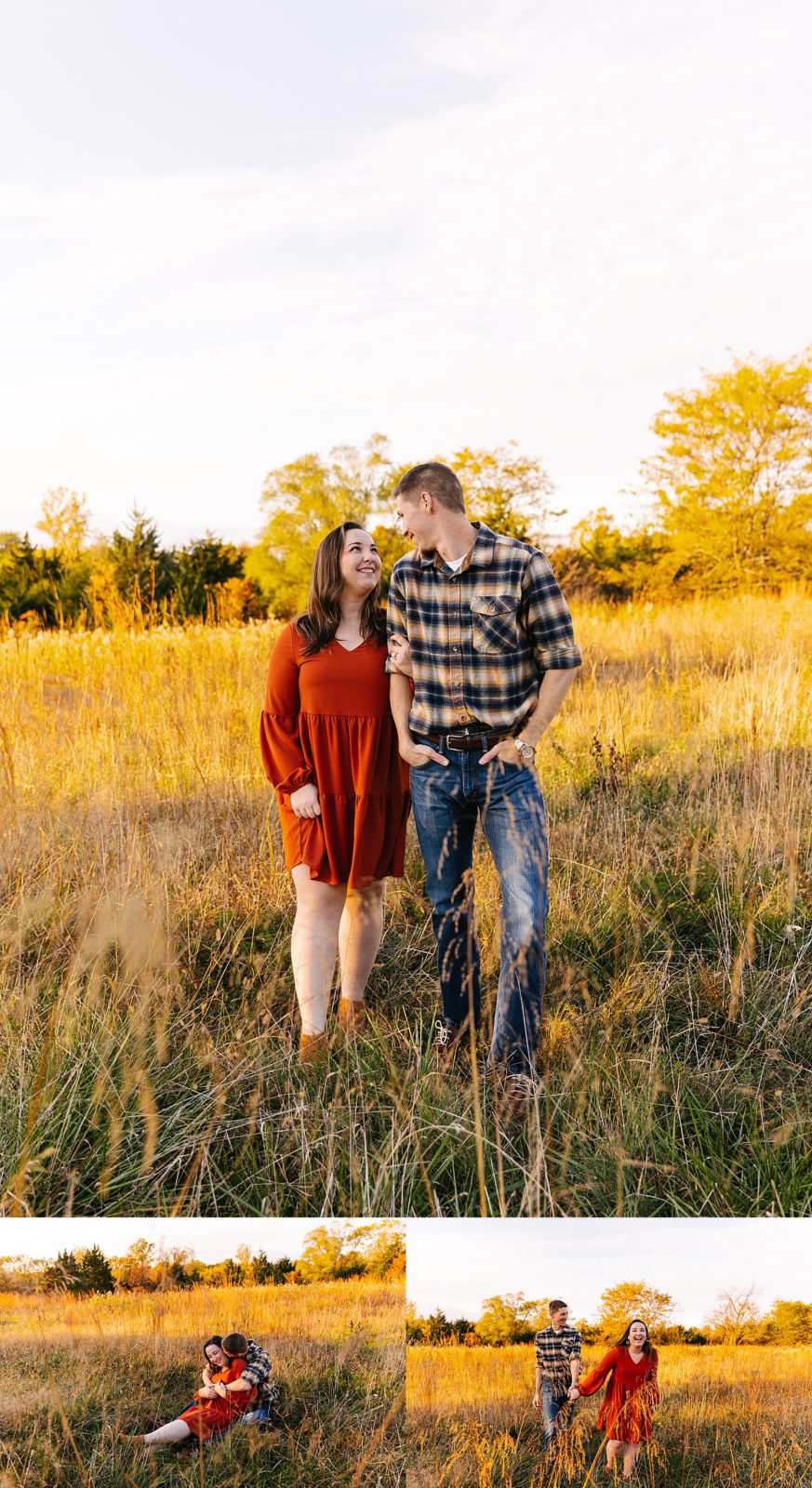 Man in plaid shirt and woman in red dress walking through a field during golden hour in Kansas City.