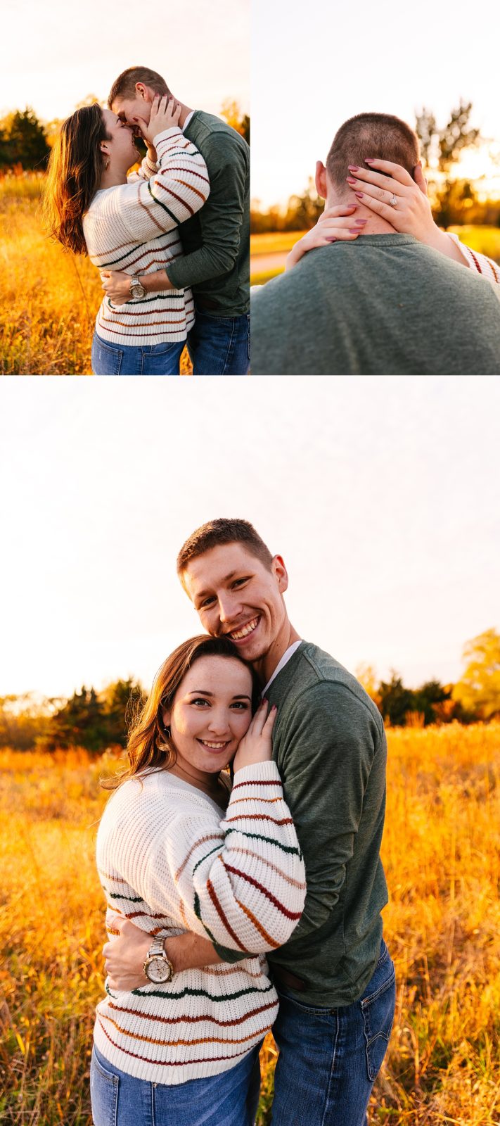 Woman embracing man in a field at golden hour for their couples photo shoot.
