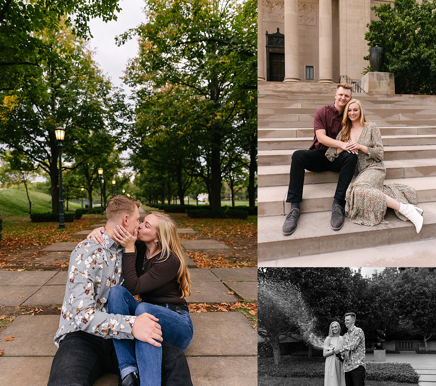 Couple shares kiss on museum walkway while showing off engagement ring.