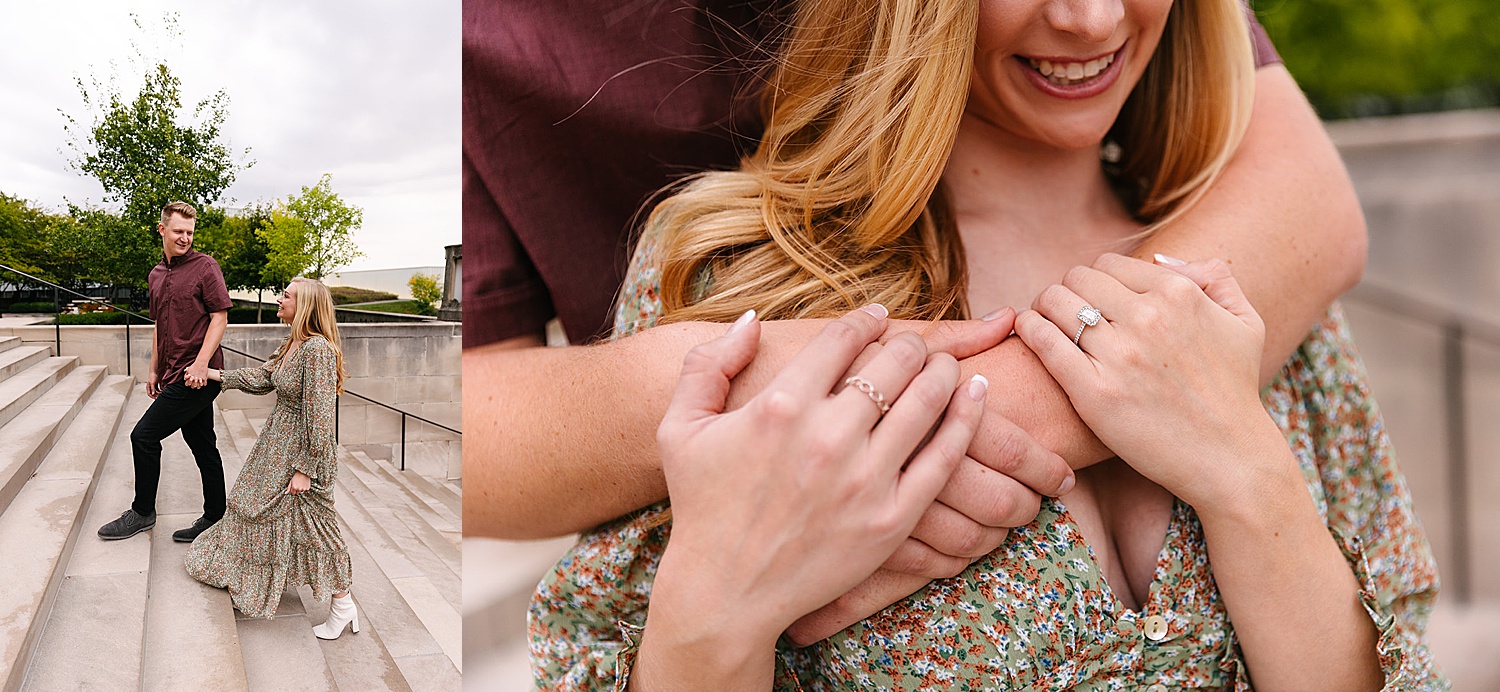 Couple showing off engagement ring with Kansas City photographer. 