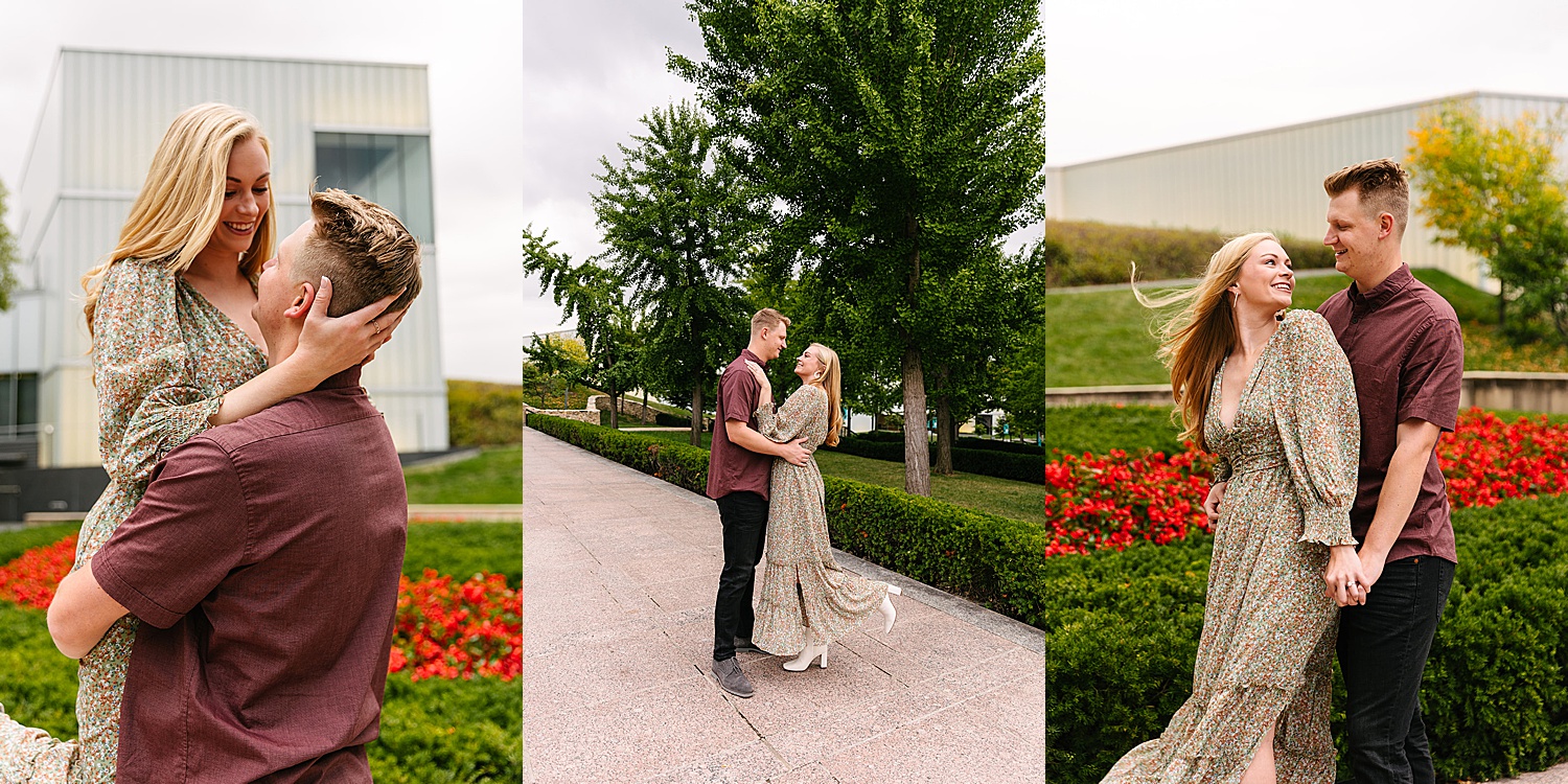 Wearing a flowy dress during engagement session at the Nelson Atkins Museum. 