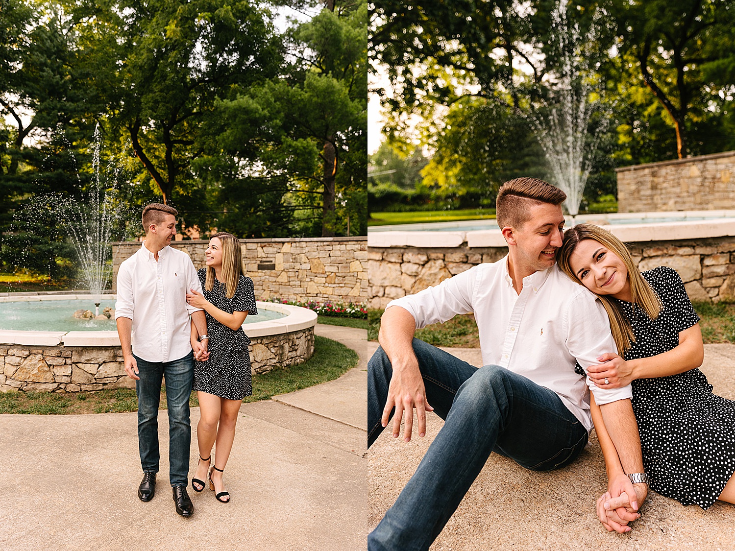 woman in polka dotted dress during engagement session with Kansas City photographer