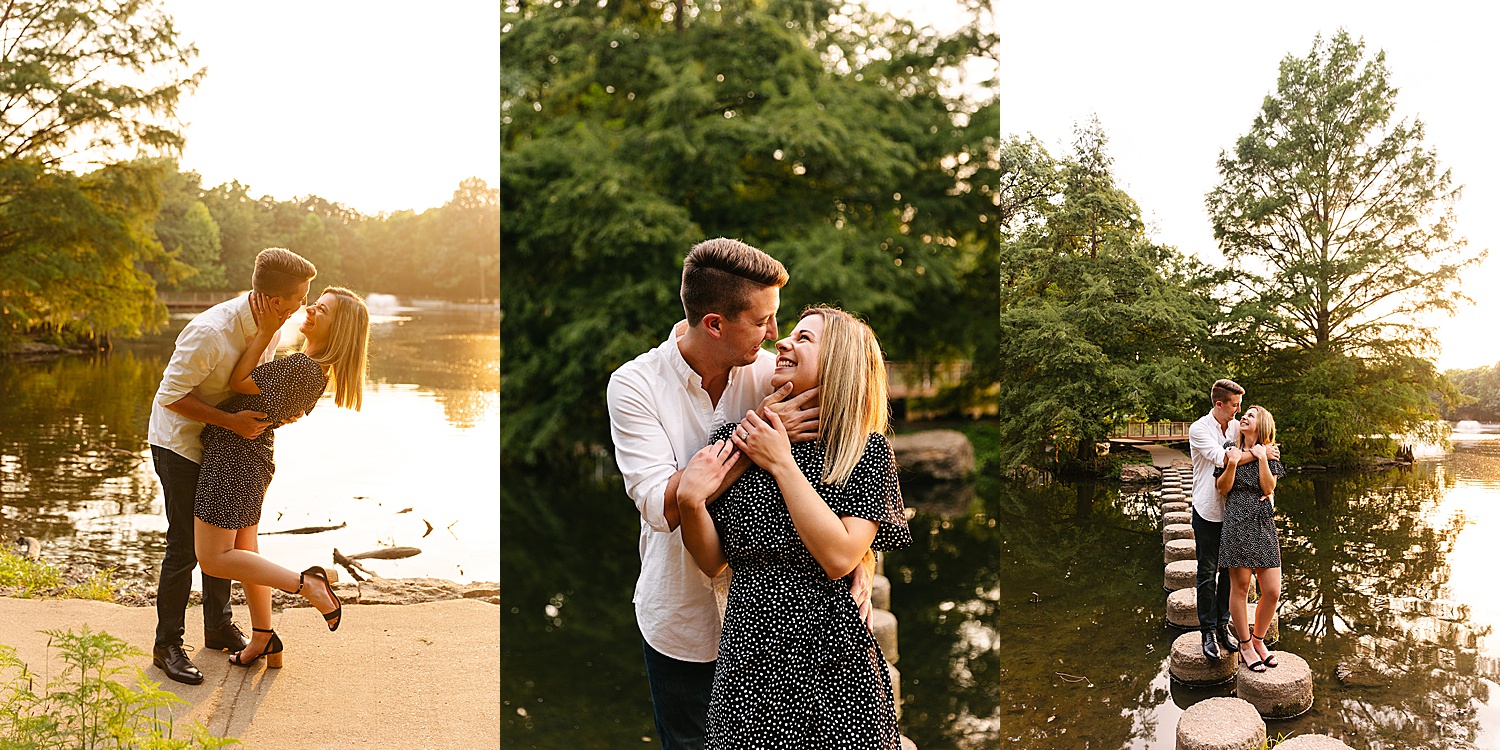 engaged couple on the water in dress clothes and heals with Kansas City photographer. 