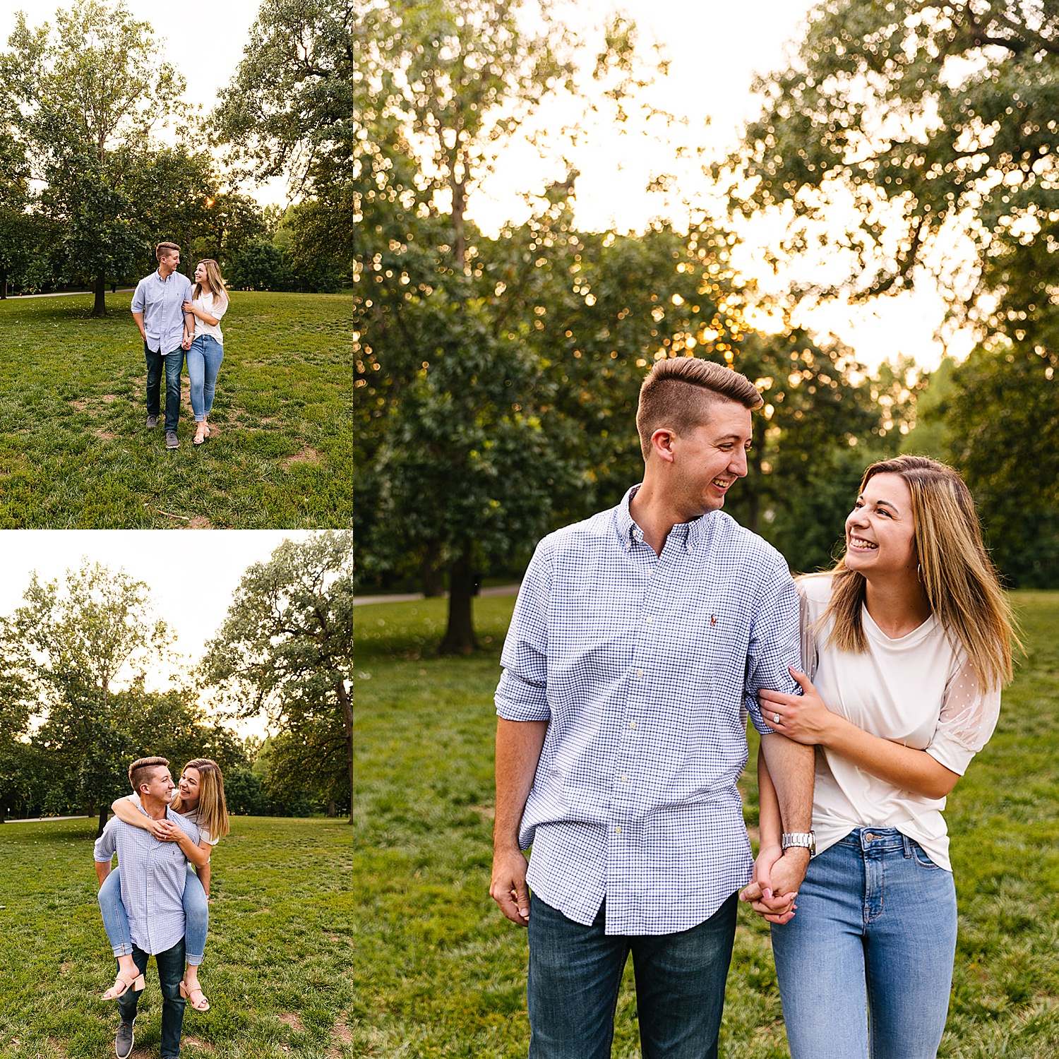 couple in jeans and t-shirts during engagement session at Kansas City park