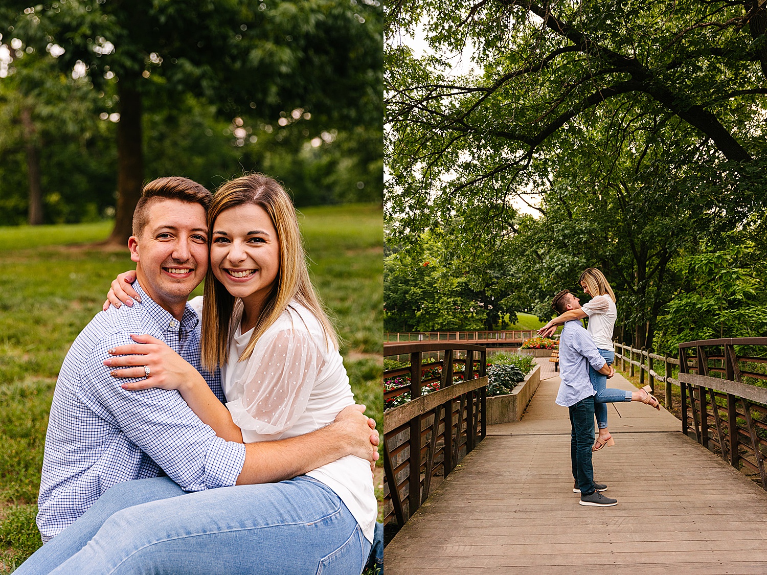 romantic man lifting fiancé during engagement session at Antioch Park.