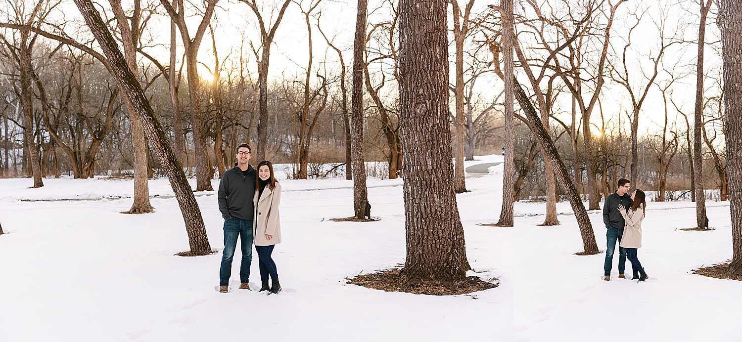 newly engaged couple at snowy shawnee mission park in Kansas