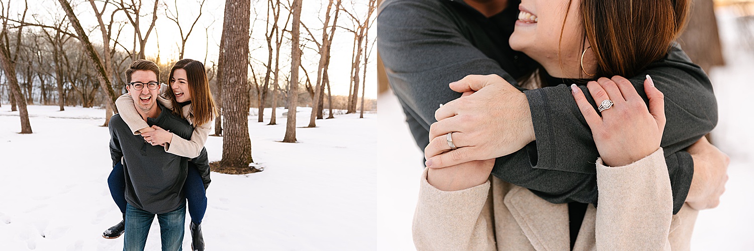 showing off new engagement ring at snowy shawnee mission park