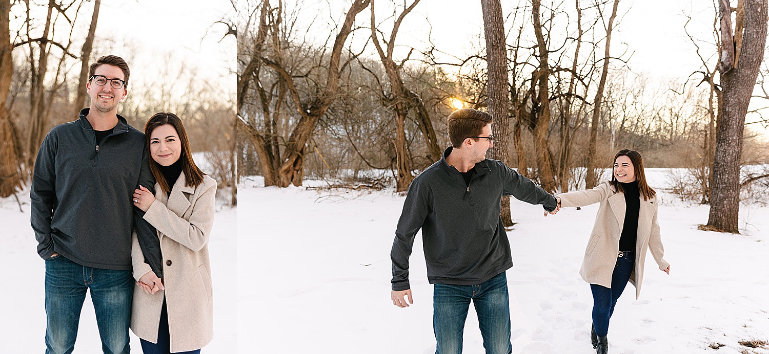 dancing in the snow during winter engagement session in Kansas City 