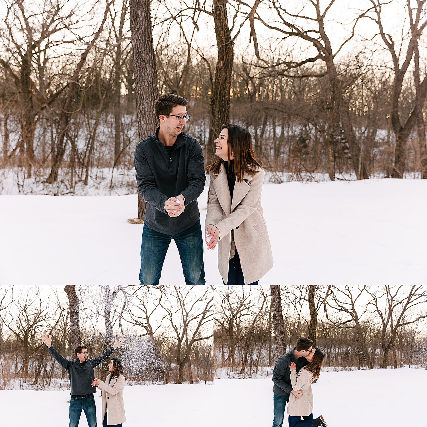 couple throwing snow in the air during engagement session