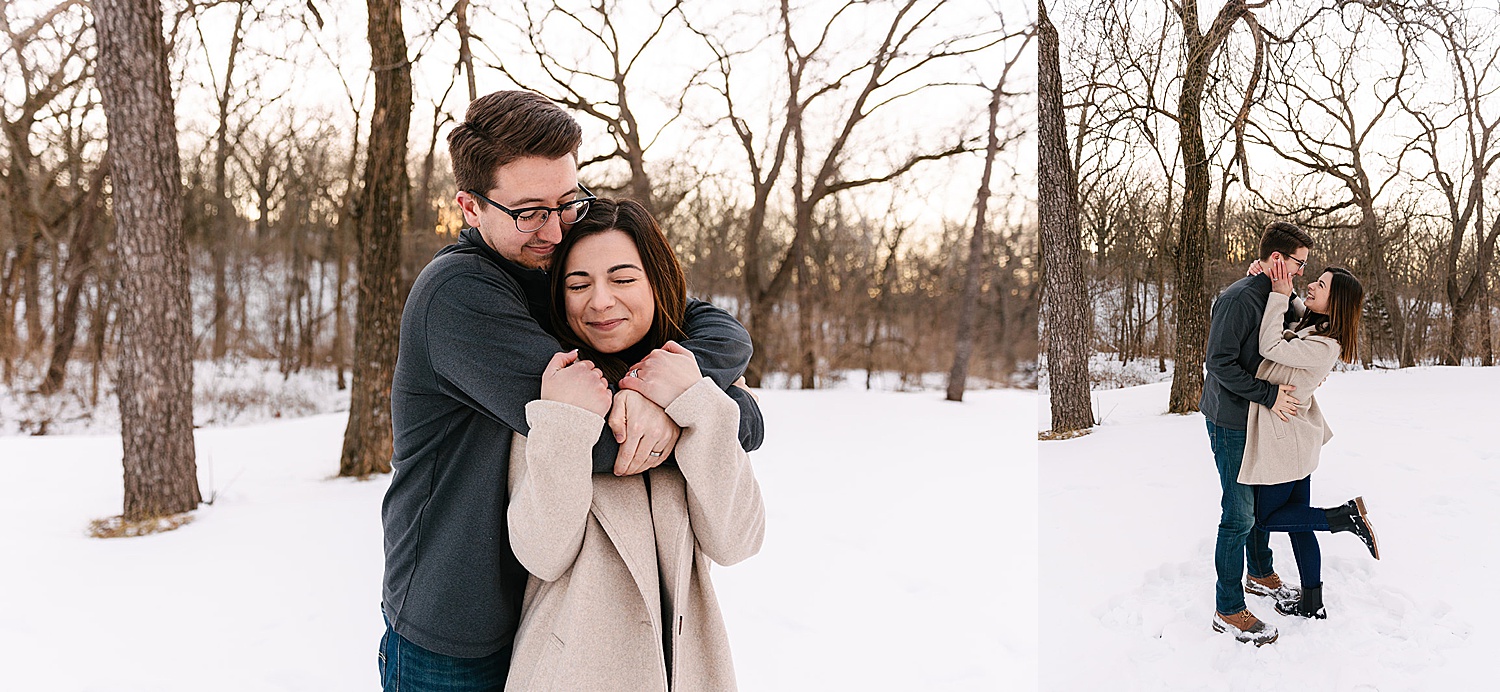 at snowy shawnee mission park with engaged couple hugging one another 