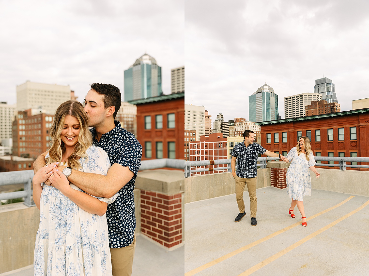 engaged couples walking in Kansas City rooftop wearing red heals 